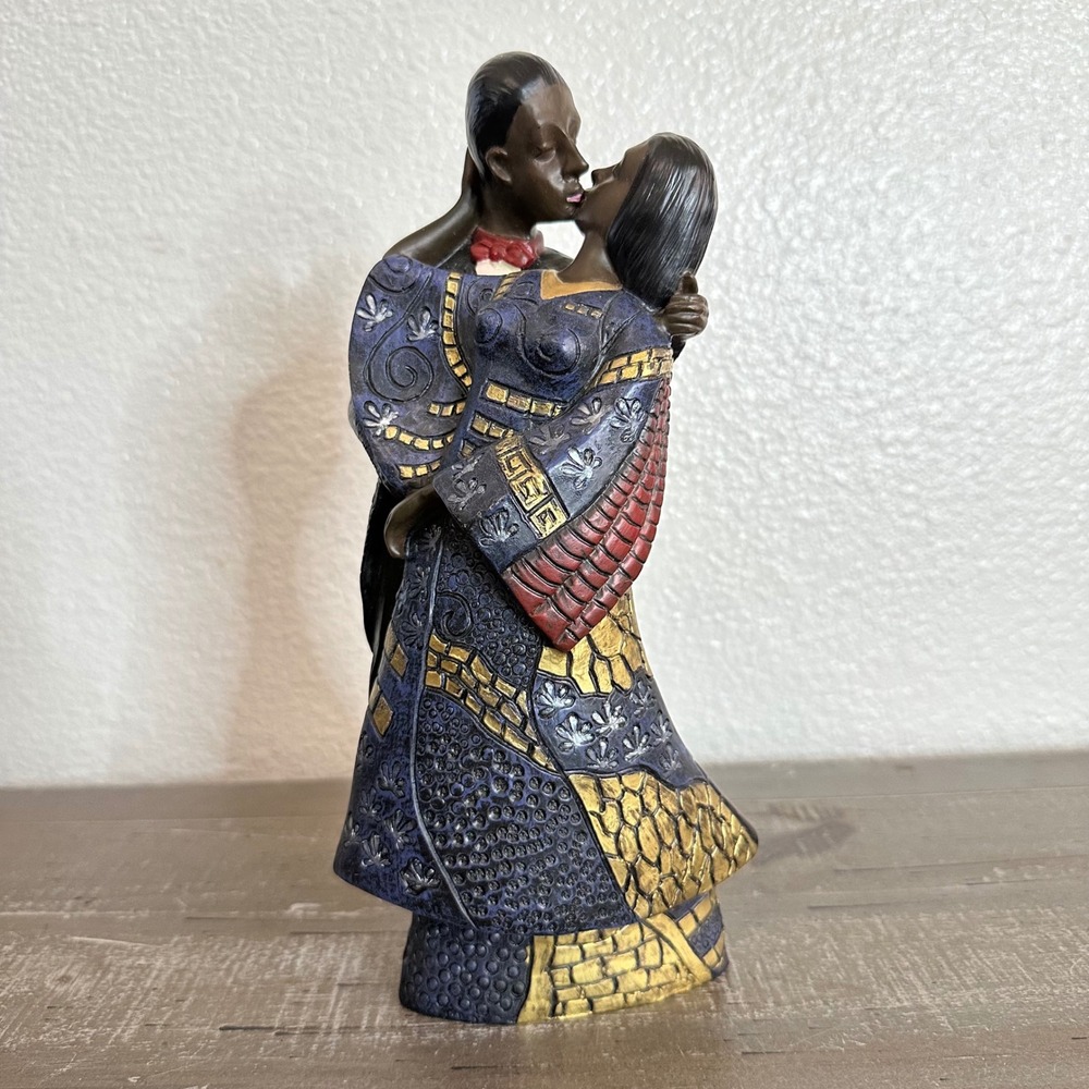 African Kissing Couple Figurine Home Decor Blue Gold Afrocentric Romance Statue